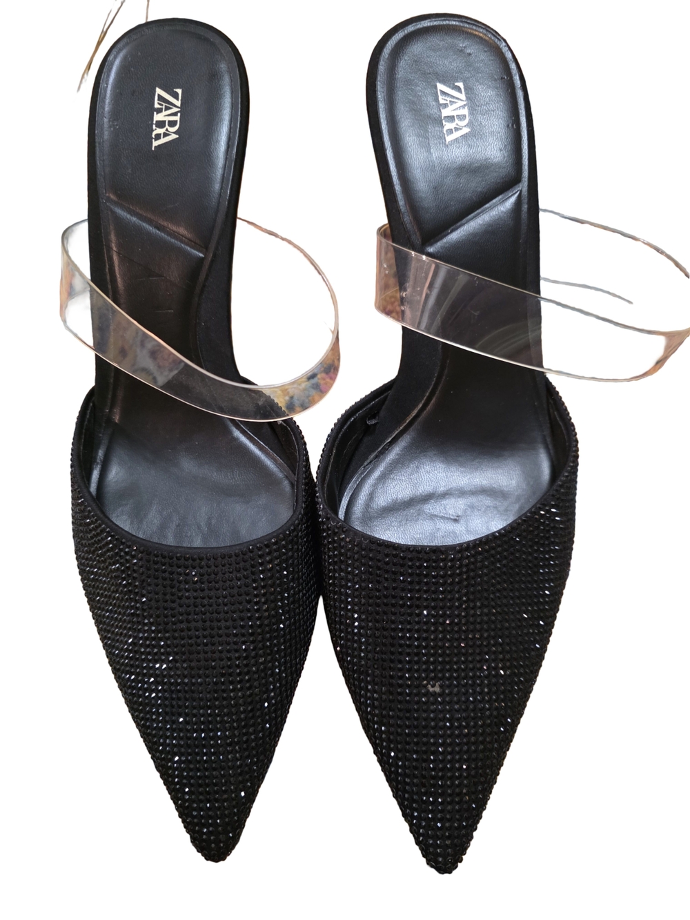 Zara Black Pointed Mule Heels with Clear Ankle Strap and Rhinestones